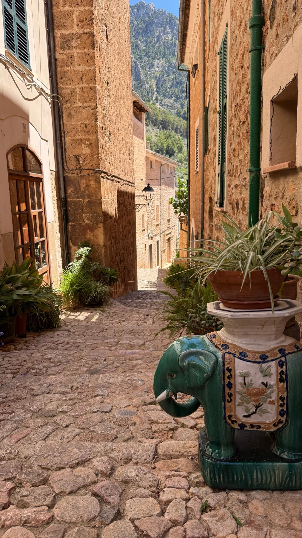 Narrow stone-paved lane between village buildings